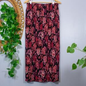Black Rose Floral Midi Skirt Elastic Waist Romantic 90s Vtg | Dark Autumn